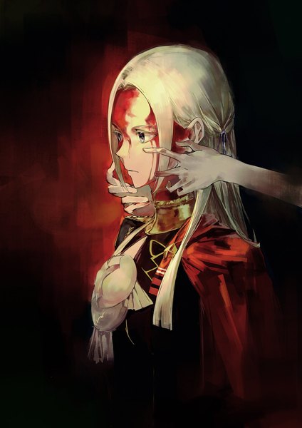 Anime picture 1448x2048 with fire emblem fire emblem: three houses nintendo edelgard von hresvelg lkppp long hair tall image purple eyes payot looking away upper body white hair solo focus blood on face girl ribbon (ribbons) hair ribbon blood hands