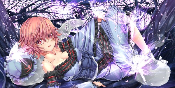 Anime picture 1500x758 with touhou saigyouji yuyuko kantarou (nurumayutei) single looking at viewer short hair open mouth wide image pink hair traditional clothes japanese clothes pink eyes ghost girl dress plant (plants) petals tree (trees) frills kimono