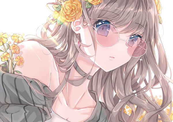 Anime picture 3507x2480 with original venn (vebonbon) single long hair fringe highres blue eyes simple background hair between eyes white background payot looking away absurdres upper body parted lips hair flower grey hair off shoulder sparkle light