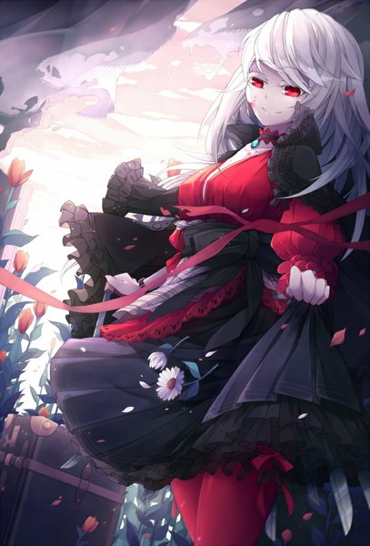 Anime picture 679x1000 with original lyodi (artist) single long hair tall image fringe breasts smile red eyes standing holding cloud (clouds) white hair girl flower (flowers) ribbon (ribbons) petals pantyhose choker curtains