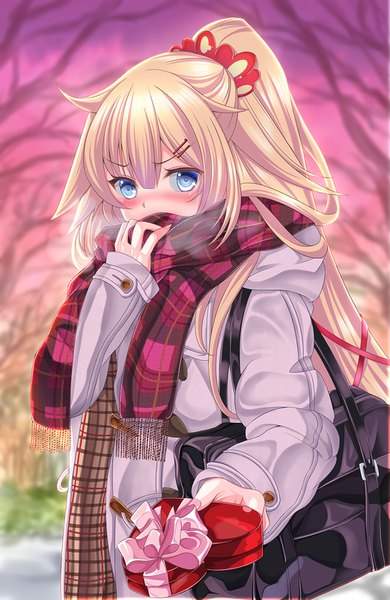 Anime picture 521x800 with virtual youtuber hololive akai haato hasanishi single long hair tall image looking at viewer blush fringe blue eyes blonde hair hair between eyes outdoors ponytail alternate costume embarrassed covered mouth outstretched hand valentine