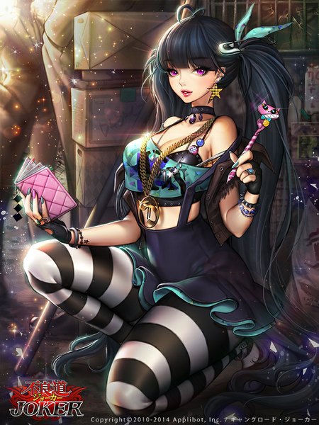 Anime picture 700x933 with joker ~gang road~ dadachyo single long hair tall image looking at viewer black hair purple eyes twintails very long hair girl dress gloves hair ornament pantyhose fingerless gloves striped pantyhose