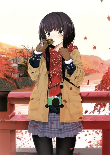 Anime picture 2494x3500 with original machimura komori single long hair tall image looking at viewer blush fringe highres black hair purple eyes holding outdoors blunt bangs scan river autumn drinking girl skirt