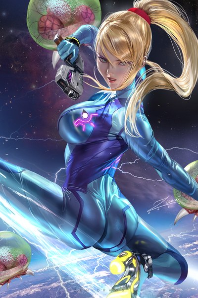 Anime picture 720x1080 with metroid samus aran metroid (creature) zumi (zumidraws) single long hair tall image looking at viewer blush fringe breasts open mouth light erotic blonde hair hair between eyes large breasts holding green eyes signed payot