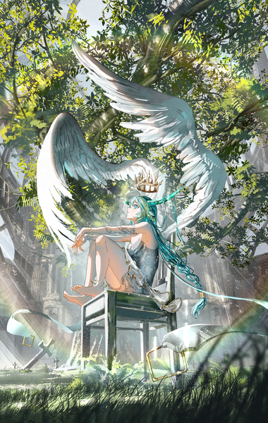 Anime picture 2536x4000 with original nanaponi single long hair tall image fringe highres sitting looking away full body ahoge bent knee (knees) outdoors braid (braids) profile barefoot horn (horns) aqua eyes sunlight blurry
