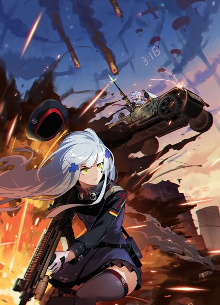 Anime picture 2886x4008 with girls frontline hk416 (girls frontline) thompson submachine gun (girls frontline) doitsu no kagaku long hair tall image highres short hair smile red eyes multiple girls holding green eyes signed sky silver hair cloud (clouds) pleated skirt from below floating hair