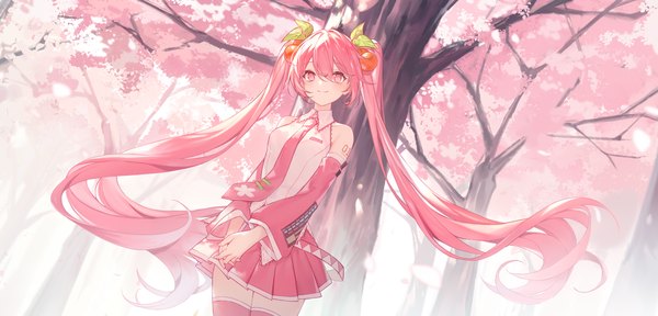 Anime picture 2500x1198 with vocaloid hatsune miku sakura miku zhong chai single fringe highres hair between eyes wide image twintails pink hair outdoors very long hair pleated skirt pink eyes cherry blossoms spring girl skirt plant (plants)