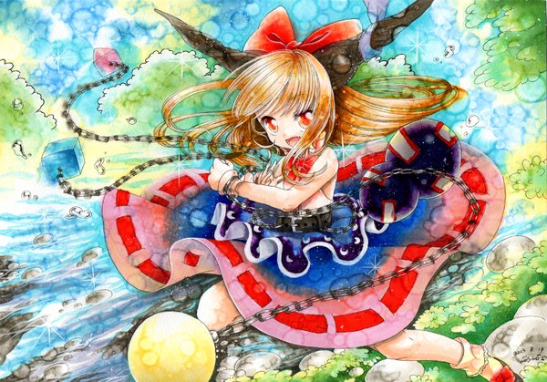 Anime picture 1500x1048 with touhou ibuki suika mosho single long hair looking at viewer open mouth blonde hair red eyes bare shoulders signed horn (horns) river traditional media watercolor (medium) girl bow hair bow socks white socks