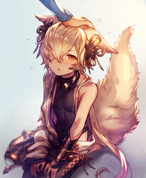 Anime picture 700x847 with granblue fantasy kou (granblue fantasy) shigaraki (strobe blue) long hair tall image blush fringe open mouth simple background blonde hair sitting brown eyes animal ears tail animal tail barefoot from above hair over one eye :o sleeveless
