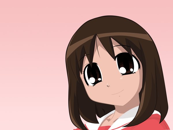 Anime picture 1600x1200 with azumanga daioh j.c. staff kasuga ayumu single looking at viewer fringe short hair smile brown hair head tilt black eyes happy close-up face red background girl