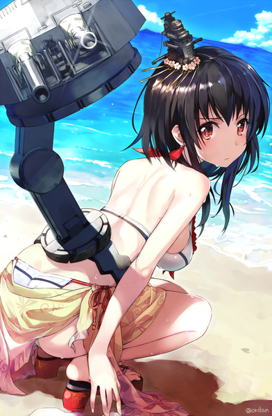 Anime picture 850x1300 with kantai collection yamashiro battleship orda single long hair tall image looking at viewer blush fringe breasts light erotic black hair red eyes bare shoulders signed sky cloud (clouds) full body bent knee (knees) outdoors