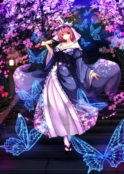Anime picture 1000x1400 with touhou saigyouji yuyuko maru-pen single tall image short hair red eyes pink hair cherry blossoms girl dress petals insect butterfly obi bonnet stairs closed fan