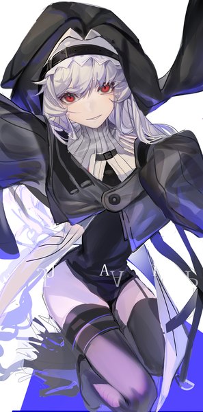 Anime picture 2400x4851 with arknights specter (arknights) chouchouhei single long hair tall image looking at viewer fringe highres light erotic smile hair between eyes red eyes silver hair from above side slit girl thighhighs black thighhighs headdress