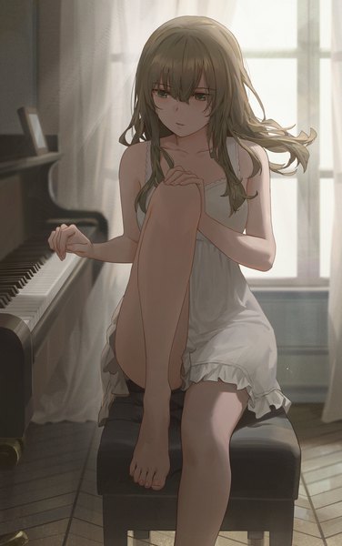 Anime picture 3951x6304 with original free style (yohan1754) single long hair tall image blush fringe highres hair between eyes brown hair sitting bare shoulders green eyes payot looking away absurdres bent knee (knees) indoors barefoot sunlight