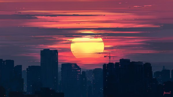 Anime picture 1600x900 with original aenami wide image signed sky cloud (clouds) city evening sunset cityscape no people scenic city lights red sky building (buildings) sun crane