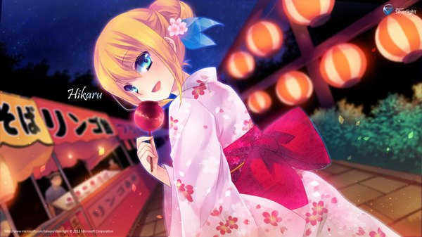 Anime picture 1920x1080 with microsoft aizawa hikaru single highres blue eyes blonde hair wide image japanese clothes looking back girl food belt kimono lantern candy apple
