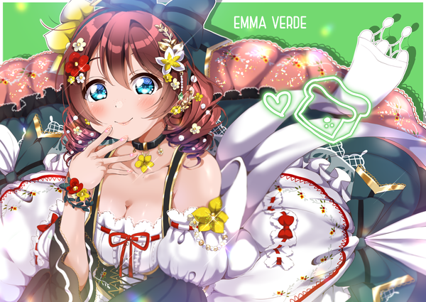 Anime picture 1770x1254 with love live! nijigasaki high school idol club love live! emma verde panda copt single looking at viewer blush highres short hair blue eyes smile brown hair bare shoulders cleavage nail polish light smile sparkle puffy sleeves character names shiny skin