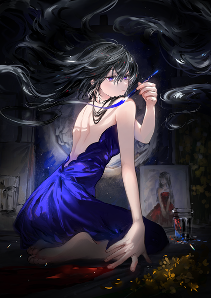 Anime picture 2508x3541 with original nanaponi long hair tall image looking at viewer fringe highres black hair hair between eyes sitting purple eyes holding full body indoors very long hair barefoot arm up from behind sleeveless floating hair
