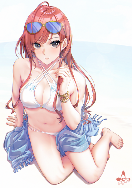 Anime picture 1200x1702 with idolmaster idolmaster shiny colors arisugawa natsuha infinote single long hair tall image looking at viewer blush fringe breasts light erotic simple background smile brown hair large breasts sitting signed cleavage full body