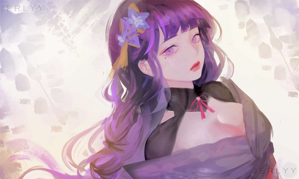 Anime picture 3000x1800 with genshin impact raiden shogun jerlyy single long hair fringe highres breasts wide image purple eyes signed cleavage purple hair blunt bangs hair flower mole mole under eye lipstick red lipstick girl