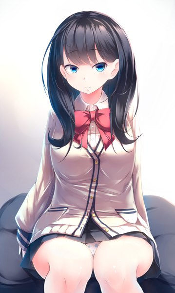 Anime picture 2100x3507 with gridman universe ssss.gridman studio trigger takarada rikka kanzakietc single long hair tall image looking at viewer blush fringe highres blue eyes light erotic black hair simple background sitting pleated skirt arm support pantyshot
