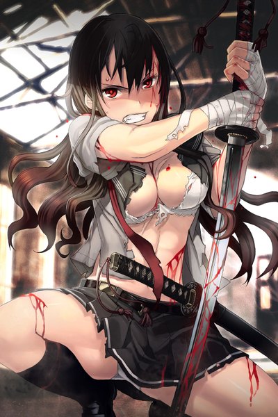 Anime picture 1000x1500 with original itou (onsoku tassha) single long hair tall image looking at viewer blush fringe breasts light erotic red eyes brown hair large breasts bare belly sweat pantyshot spread legs grin torn clothes squat