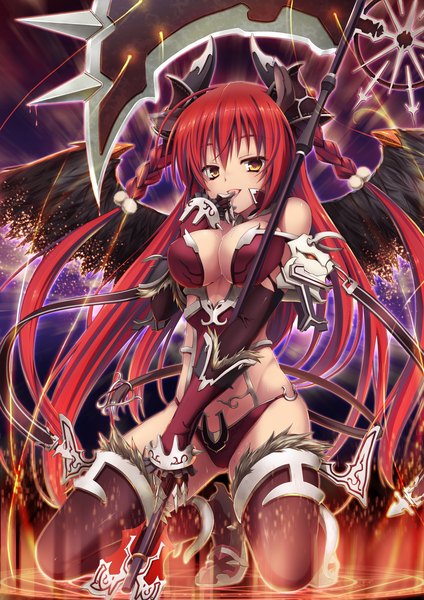 Anime picture 2067x2923 with original yuzu modoki long hair tall image looking at viewer highres breasts light erotic large breasts yellow eyes red hair horn (horns) magic finger to mouth girl thighhighs dress gloves weapon black thighhighs