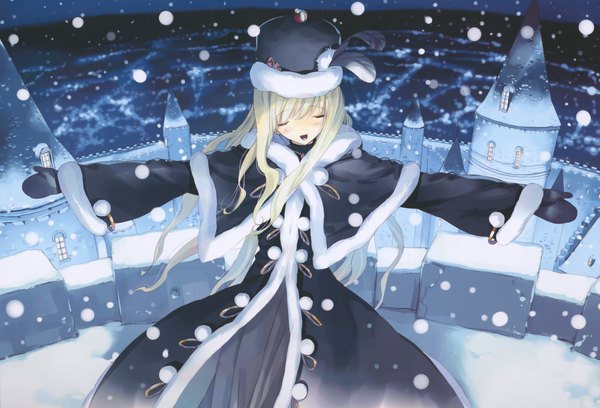 Anime picture 6976x4748 with alice in wonderland alice (wonderland) ueda ryou long hair blush highres blonde hair absurdres eyes closed open clothes snowing spread arms winter snow girl cap winter clothes mittens