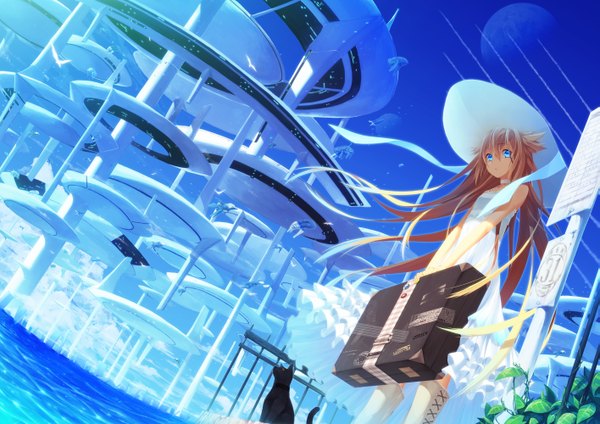 Anime-Bild 2829x2000 mit original itsuwa (lethal-kemomimi) single long hair highres blue eyes blonde hair sky cloud (clouds) girl hat cat sundress suitcase