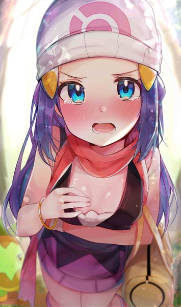 Anime picture 1512x2557 with pokemon pokemon dppt nintendo dawn (pokemon) turtwig rouka (akatyann) single long hair tall image looking at viewer blush breasts open mouth blue eyes light erotic standing bare shoulders payot cleavage purple hair