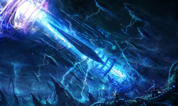 Anime picture 1600x960 with tera online wide image night magic landscape rock lightning destruction warrior sword staff