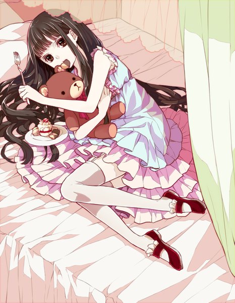 Anime picture 980x1260 with original abararack single long hair tall image looking at viewer fringe black hair bare shoulders holding brown eyes full body bent knee (knees) lying blunt bangs mouth hold on side frilly skirt canopy bed girl