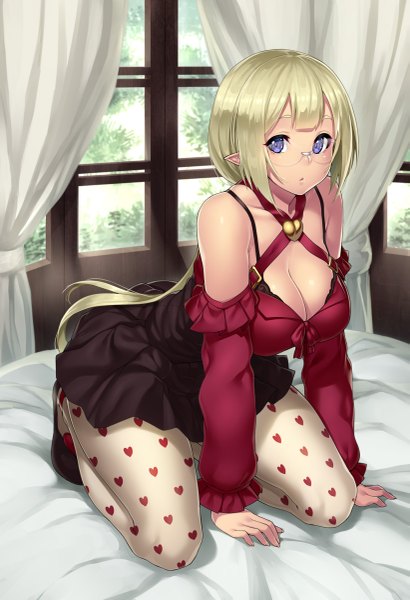Anime picture 821x1200 with original houtengeki single tall image looking at viewer short hair light erotic blonde hair purple eyes bare shoulders cleavage indoors pointy ears heart print girl dress pantyhose glasses heart