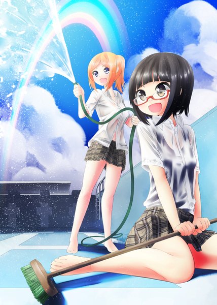 Anime picture 2976x4175 with original nekobaka tall image blush highres short hair open mouth blue eyes black hair blonde hair standing sitting multiple girls looking away sky cloud (clouds) ponytail barefoot plaid skirt wet clothes
