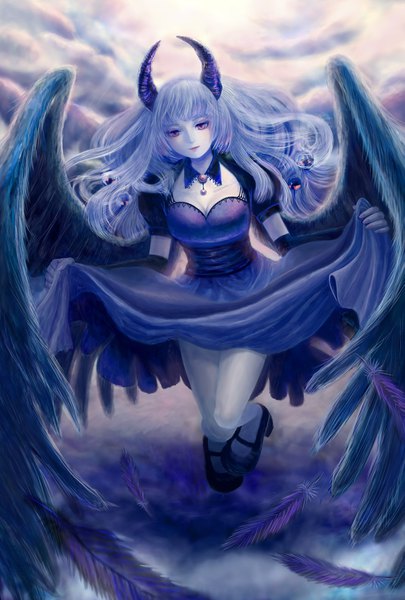 Anime picture 1181x1748 with original hou no ka single long hair tall image fringe purple eyes sky cleavage silver hair cloud (clouds) full body blunt bangs horn (horns) sunlight floating hair demon girl flying girl dress
