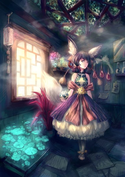Anime picture 1100x1557 with original echoes single tall image fringe short hair brown hair twintails bare shoulders brown eyes animal ears looking away tail braid (braids) twin braids fox tail short twintails girl dress flower (flowers)
