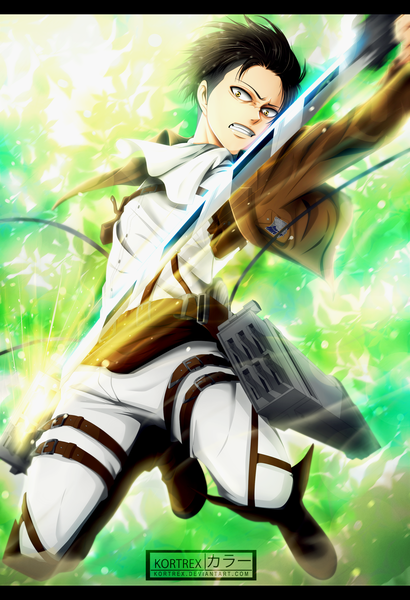 Anime picture 2205x3226 with shingeki no kyojin production i.g levi (rivaille) kortrex single tall image highres short hair black hair yellow eyes sunlight coloring letterboxed angry clenched teeth boy uniform weapon sword cape