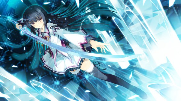 Anime picture 1280x720 with tateha (marvelous grace) single long hair fringe wide image brown eyes glowing girl thighhighs dress ribbon (ribbons) weapon black thighhighs petals sword