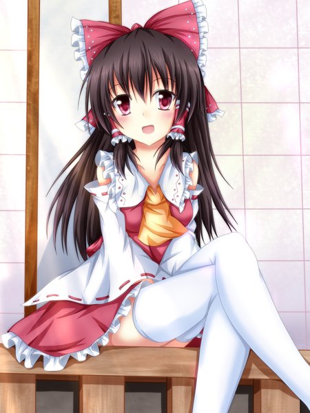 Anime picture 825x1100 with touhou hakurei reimu long hair tall image blush open mouth black hair red eyes sitting crossed legs girl thighhighs dress bow hair bow detached sleeves white thighhighs