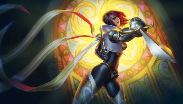 Anime picture 1920x1095 with league of legends fiora (league of legends) katiedesousa single looking at viewer fringe highres short hair blue eyes black hair wide image multicolored hair hair over one eye girl gloves weapon armor dagger epee