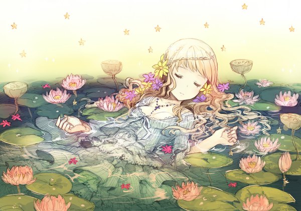 Anime picture 1177x828 with original h2so4 single fringe breasts light erotic blonde hair eyes closed hair flower wet drill hair sleeping soft beauty girl dress hair ornament flower (flowers) bow plant (plants) hair bow