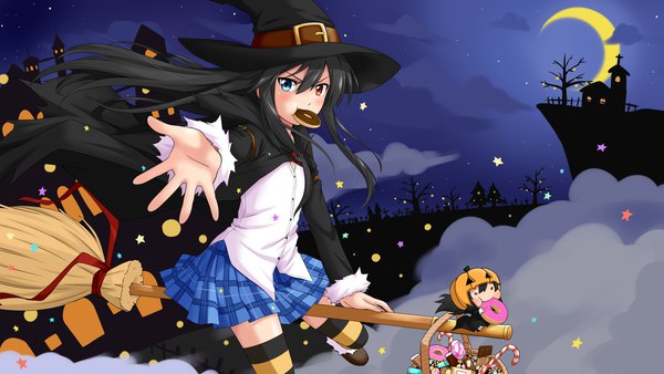 Anime picture 2880x1620 with original bellezza felutia felutiahime long hair looking at viewer highres blue eyes black hair red eyes wide image holding night multiple boys heterochromia mouth hold plaid skirt halloween eating flying outstretched hand