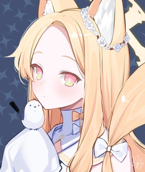 Anime picture 882x1045 with blue archive seia (blue archive) haiba 09 single long hair tall image looking at viewer blush blonde hair animal ears upper body pink eyes fox ears bird on hand girl animal bird (birds) halo
