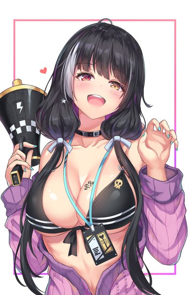 Anime picture 706x1100 with girls frontline ro635 (girls frontline) cenangam single long hair tall image looking at viewer blush fringe breasts open mouth light erotic black hair simple background red eyes large breasts white background holding yellow eyes cleavage