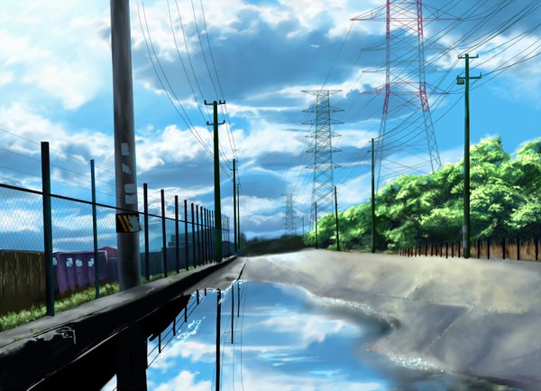 Anime picture 1500x1083 with original kinoto (ruindivinity) sky cloud (clouds) reflection no people landscape plant (plants) tree (trees) wire (wires) fence power lines puddle