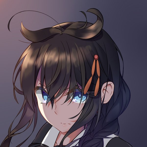 Anime picture 1024x1024 with kantai collection shigure destroyer asatsuki sora single long hair looking at viewer blush fringe blue eyes black hair simple background hair between eyes ahoge braid (braids) floating hair portrait dark background angry girl hairclip