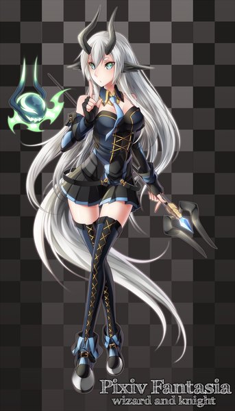 Anime picture 943x1650 with original pixiv fantasia sigma99 single long hair tall image green eyes silver hair tail horn (horns) oni horns girl thighhighs gloves black thighhighs miniskirt staff