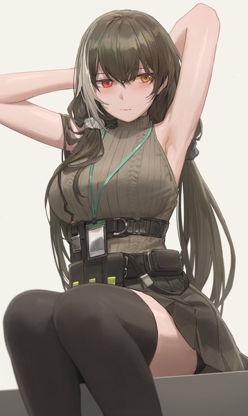 Anime picture 2880x4824 with girls frontline ro635 (girls frontline) free style (yohan1754) single long hair tall image blush fringe highres light erotic black hair hair between eyes red eyes sitting twintails yellow eyes looking away bent knee (knees) multicolored hair two-tone hair