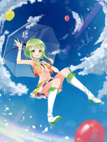 Anime picture 1943x2591 with vocaloid gumi tika (mika4975) single tall image highres short hair breasts open mouth light erotic smile green eyes sky cloud (clouds) green hair no bra teeth bare belly armpit (armpits) weightlessness