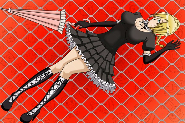 Anime picture 1500x1000 with beelzebub studio pierrot hilda (beelzebub) jophiel single fringe blonde hair green eyes braid (braids) hair over one eye gothic girl dress gloves elbow gloves black dress umbrella knee boots